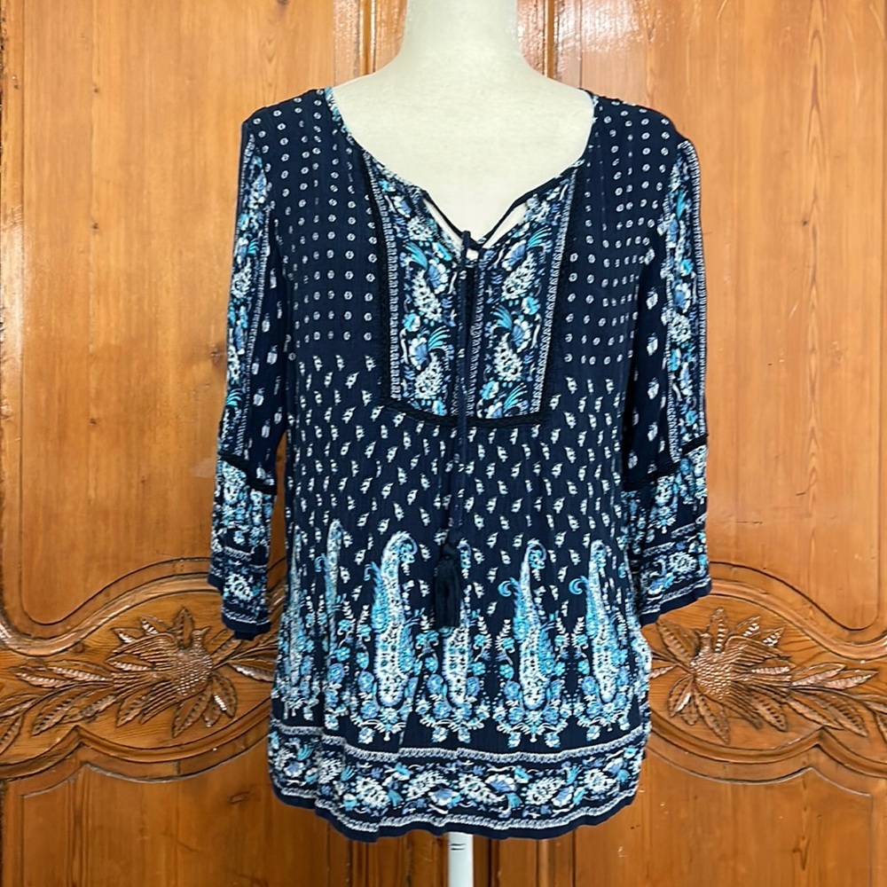 Bila Peasant Top with Tassle Neckline and Bell Sleeve - Picture 1 of 7